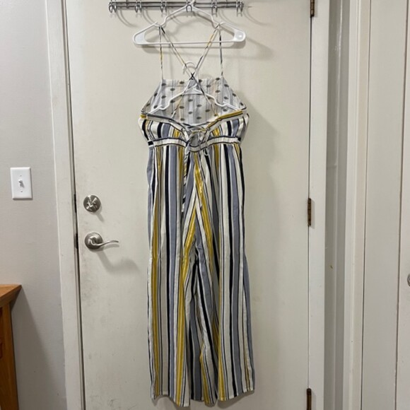 Mystree Yellow Striped Overall Crisscross Open Back Romper Jumpsuit Sz Medium - Picture 4 of 12